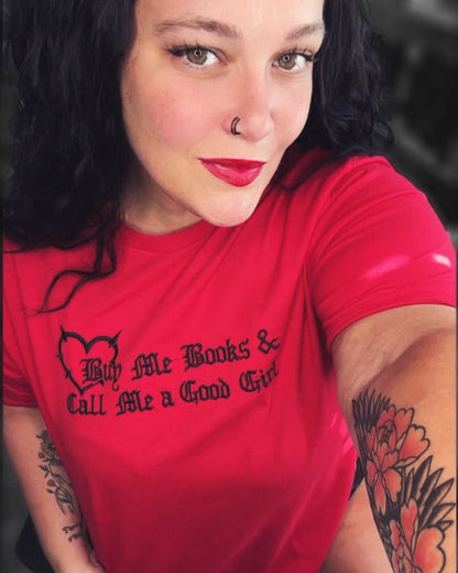 Buy Me Books & Call Me A Good Girl Red Embroidered Crewneck T/Crewnecks